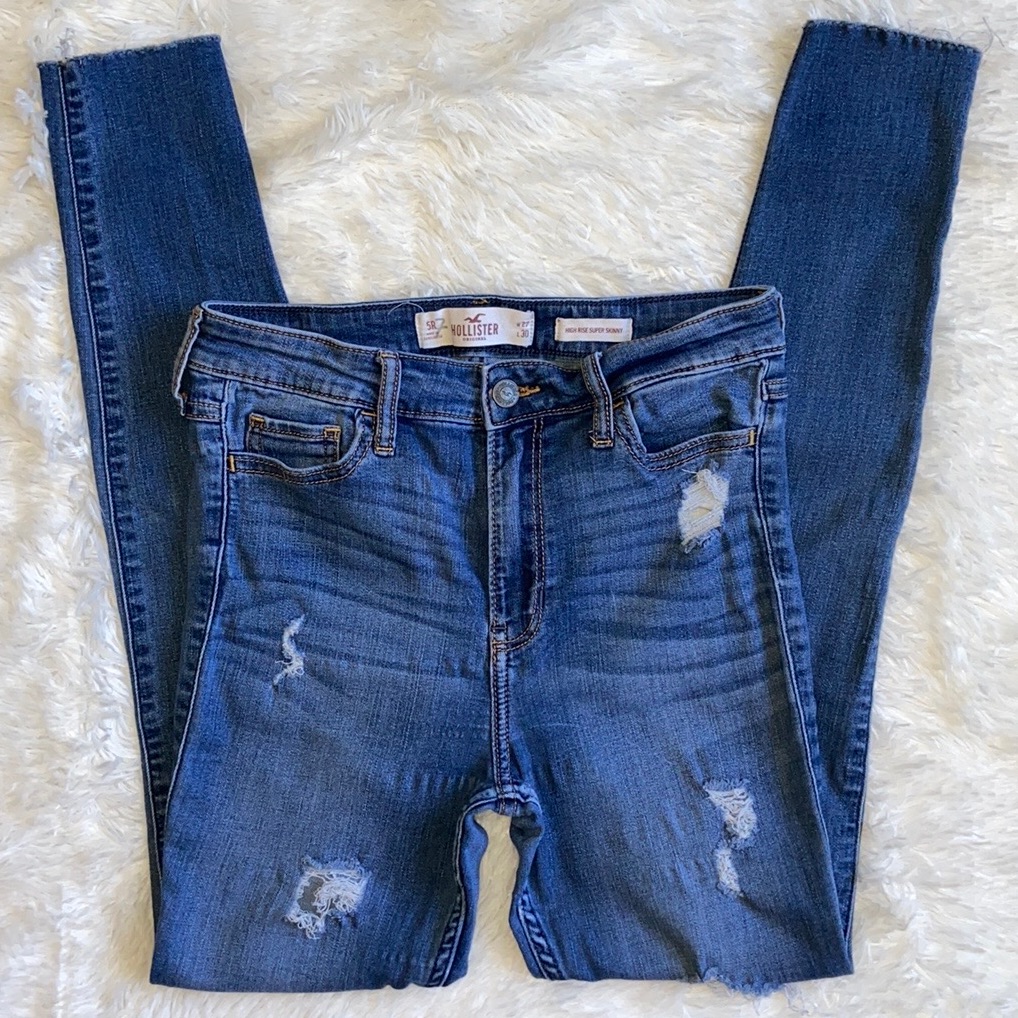 Hollister High Rise Super Skinny Distressed Blue Jeans Size 5r, W27 L30
